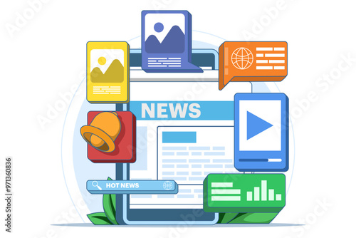Online news application concept, Online news article, News webpage, Online mass media, Internet bulletin. Reading news online. Reading breaking news on webpage. Flat vector illustration.