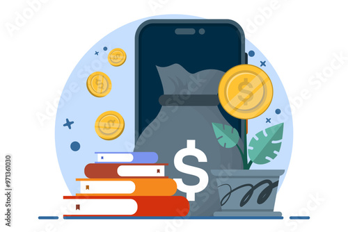 Investment concept. Investing money in digital platforms, self-development, knowledge and education. Personal financial management and financial literacy. Vector illustration.