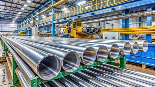 Galvanized steel round pipe being rolled on machine in factory production process