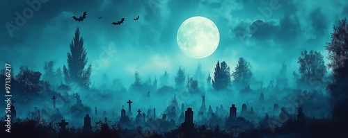 Eerie Halloween full moon over a haunted graveyard, bats flying, ghostly fog, spooky night photo