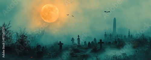 Eerie Halloween full moon over a haunted graveyard, bats flying, ghostly fog, spooky night photo