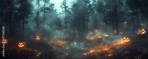 Eerie Halloween mist rolling over a dark forest, glowing jackolanterns, mysterious atmosphere