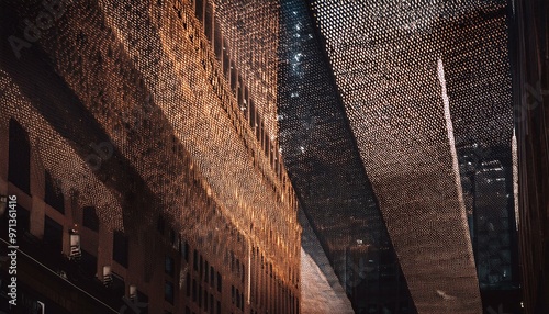 An abstract urban scene featuring reflections of tall buildings and textured surfaces, creating a distorted, dreamlike effect. Perfect for modern, urban, abstract, or conceptual design projects.