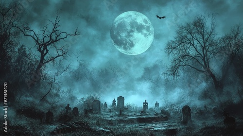 Full moon over a haunted graveyard, bats flying, twisted trees, ghostly fog, Halloween night photo