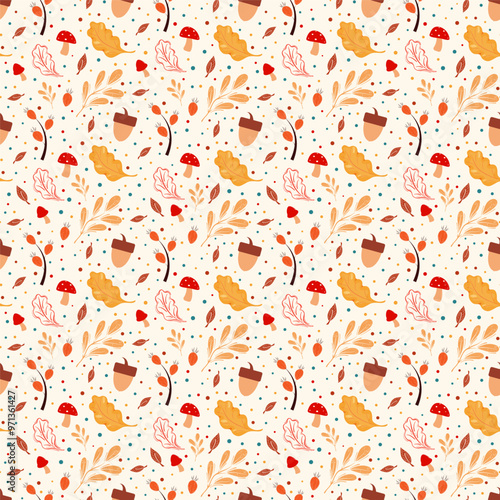 Autumn pattern with leaves and acrons. Mushroom pattern. Cute freehand drawings to create a poster, card, wallpaper. photo