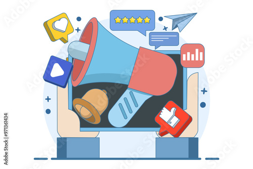 social media marketing concept. chatbot, video broadcast, story. like comment share giveaway, social media promotion, digital promotion campaign, web analytics, SMM strategy, vector illustration.