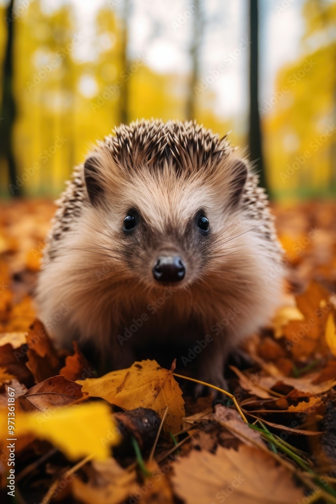 Fototapeta premium A small brown hedgehog is standing on a pile of leaves. The leaves are orange and yellow, and the hedgehog is looking at the camera