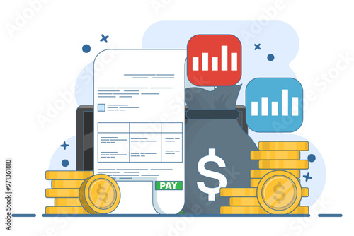 Payroll online payment concept, Invoice sheet, Calculate salary, Budget concept, Salary, Wage payment. Payment and invoice, Business or financial operation sign. Flat vector illustration.