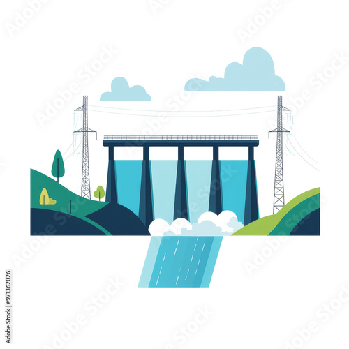Fototapet A hydroelectric dam with water flowing over the spillway, surrounded by green hills and clouds