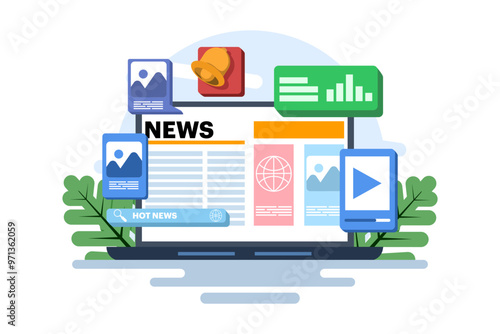 Online news application concept, Online news article, News webpage, Online mass media, Internet bulletin. Reading news online. Reading breaking news on webpage. Flat vector illustration.