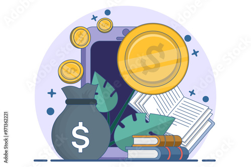 Investment concept. Investing money in digital platforms, self-development, knowledge and education. Personal financial management and financial literacy. Vector illustration.