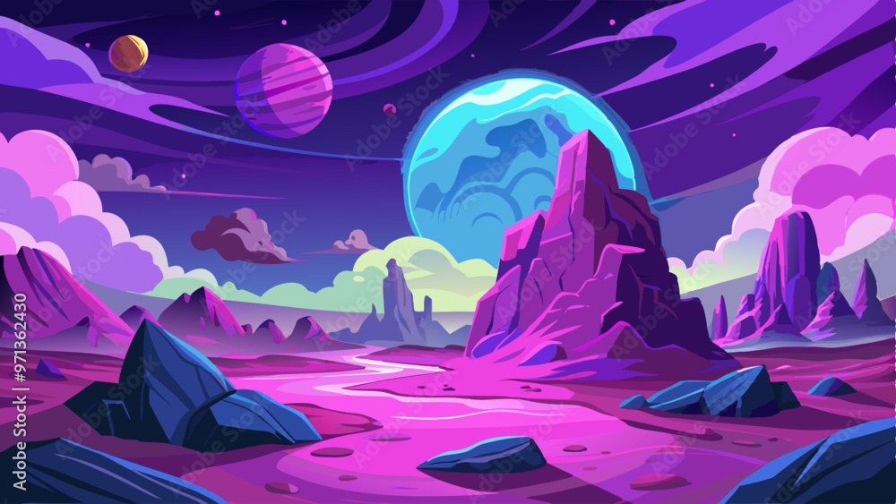 Purple alien landscape with planet rocky ground surface with cliff, sky ...