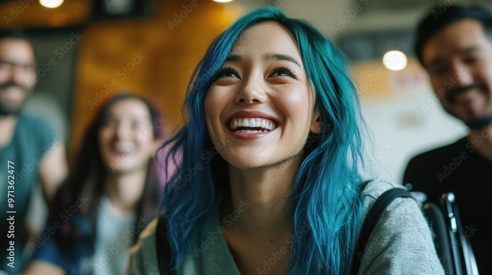 A woman with blue hair is smiling at the camera. She is surrounded by other people, some of whom are also smiling. Scene is happy and friendly A woman with blue hair is smiling at the camera. She is surrounded by other people, some of whom are also smiling. Scene is happy and friendly