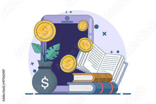 Investment concept. Investing money in digital platforms, self-development, knowledge and education. Personal financial management and financial literacy. Vector illustration.