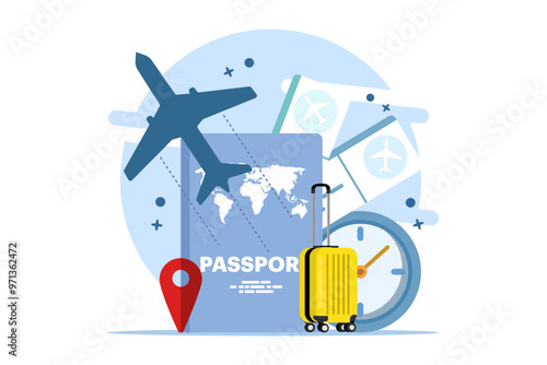 concept of traveling by plane, planning a trip with summer vacation concept. Business trip with passport and travel bag. Online tickets, travel booking and services.