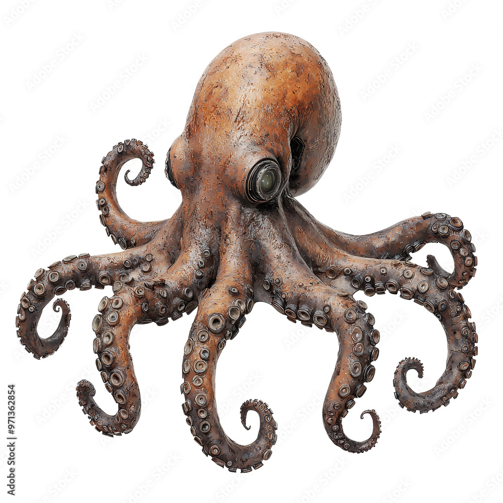 Fototapeta premium A realistic digital rendering of an octopus with eight tentacles and large eyes. The octopus is isolated on a black background.