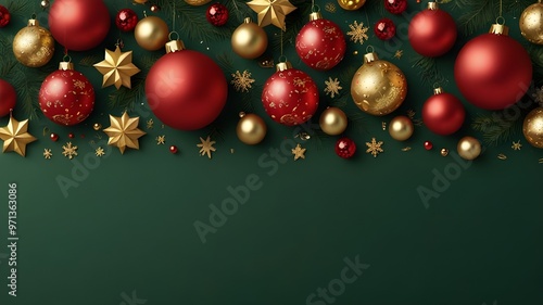 Square banner with gold and red Christmas symbols and text. Christmas tree, balls, golden tinsel confetti and snowflakes on green background. Header for website template