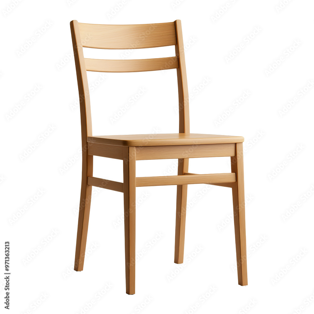 A simple wooden chair with a light brown finish, isolated on a white background. A simple wooden chair with a light brown finish, isolated on a white background.