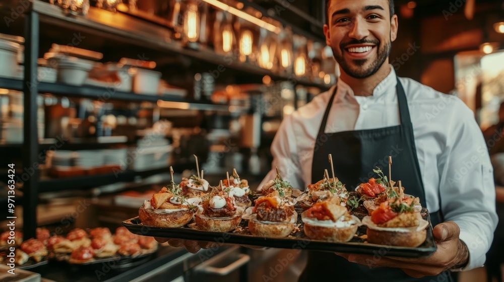 Waiter serving an array of appetizers on a stylish plate for a dining experience Waiter serving an array of appetizers on a stylish plate for a dining experience