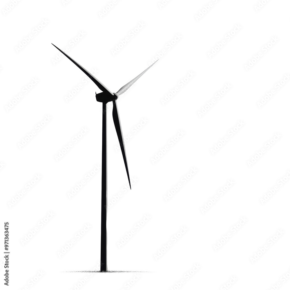 A single wind turbine stands tall against a black background, its blades frozen in mid-rotation.