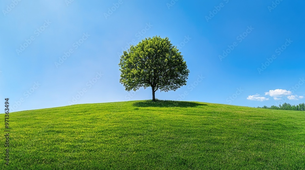 A tree is standing in a grassy field with a clear blue sky above it. Concept of tranquility and peace, as the tree stands alone in the vast open space A tree is standing in a grassy field with a clear blue sky above it. Concept of tranquility and peace, as the tree stands alone in the vast open space
