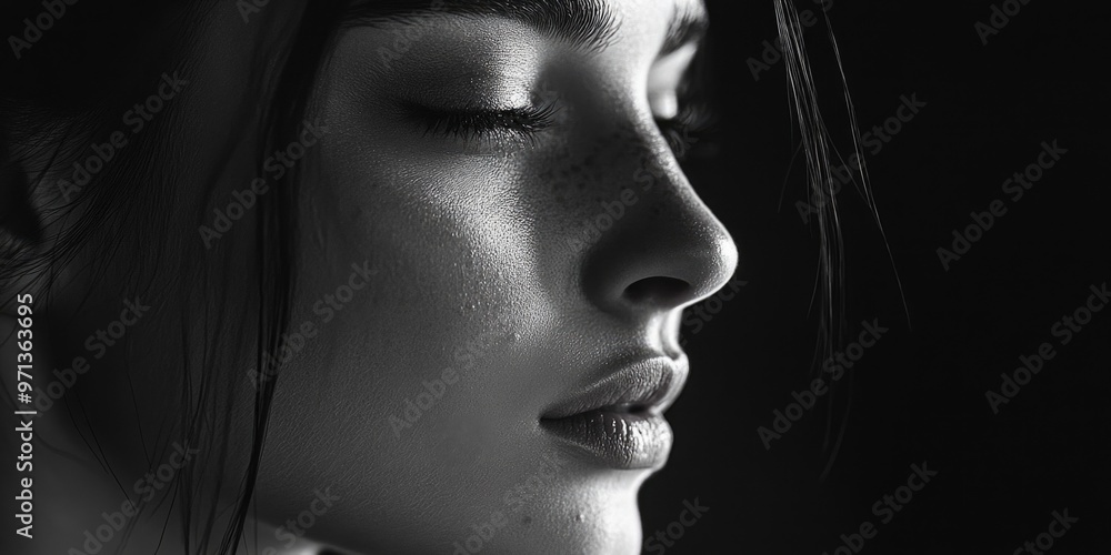 A woman with a dark face and a black background. The woman has a very calm and peaceful expression on her face A woman with a dark face and a black background. The woman has a very calm and peaceful expression on her face