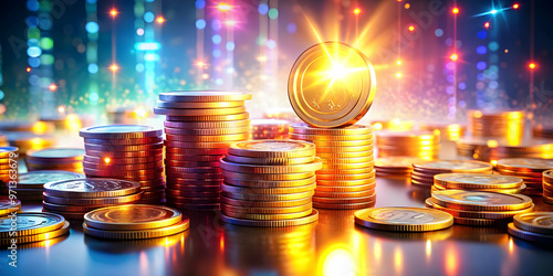 3D Glowing Abstract Coins in Digital Space: Vibrant Digital Art of Floating Coins Symbolizing Financial Growth and Prosperity on Isolated White Background