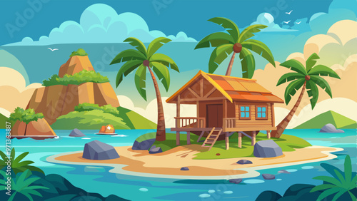 Beach hut or bungalow on tropical beach. Island resort with shack, wooden house on piles, palm trees and rocks. Cartoon ocean landscape, 2d background, cottage with thatch roof Vector illustration