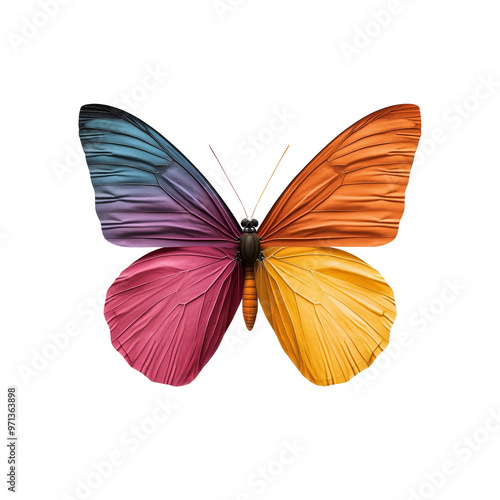 A vibrant, colorful butterfly with intricate patterns on its wings. The butterfly is isolated against a black background.