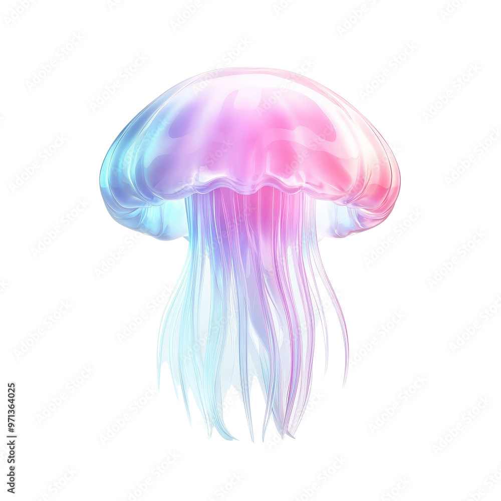 A vibrant, bioluminescent jellyfish with iridescent pink and blue hues against a black background. A vibrant, bioluminescent jellyfish with iridescent pink and blue hues against a black background.