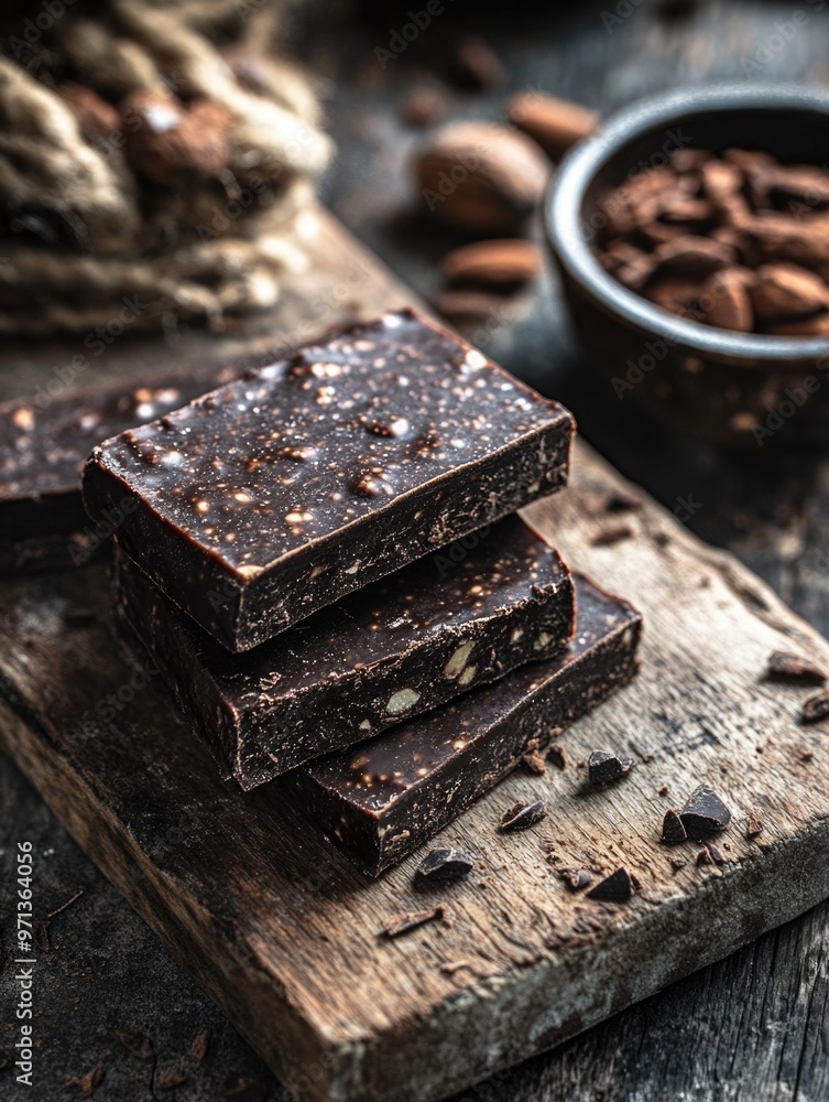 A stack of chocolate bars on a wooden table with a bowl of chocolate chips and nuts in the background A stack of chocolate bars on a wooden table with a bowl of chocolate chips and nuts in the background