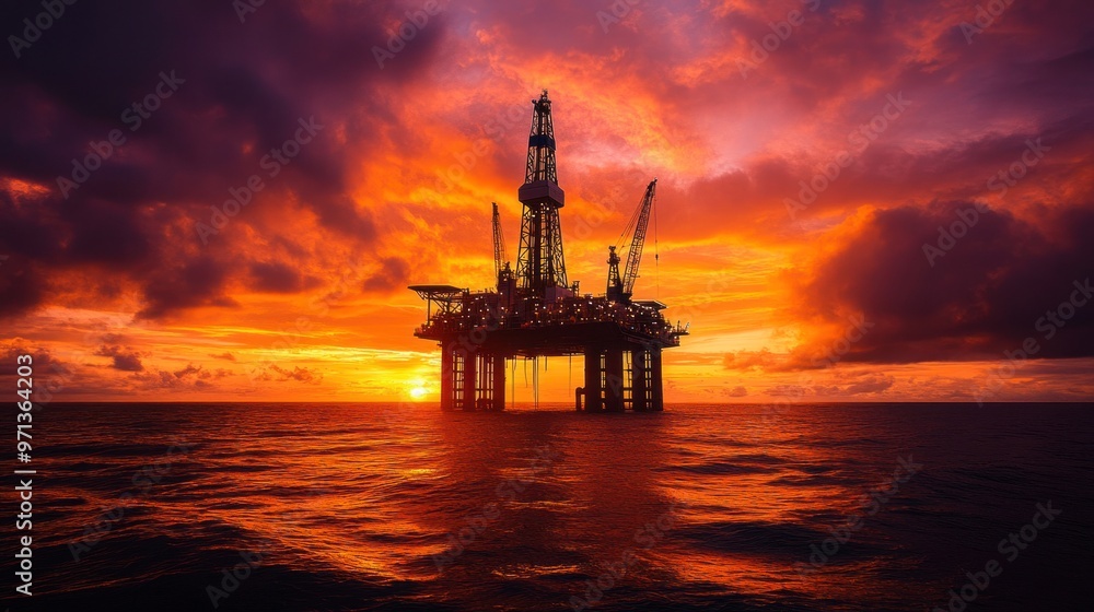 A sunset over the ocean with a large oil rig in the water