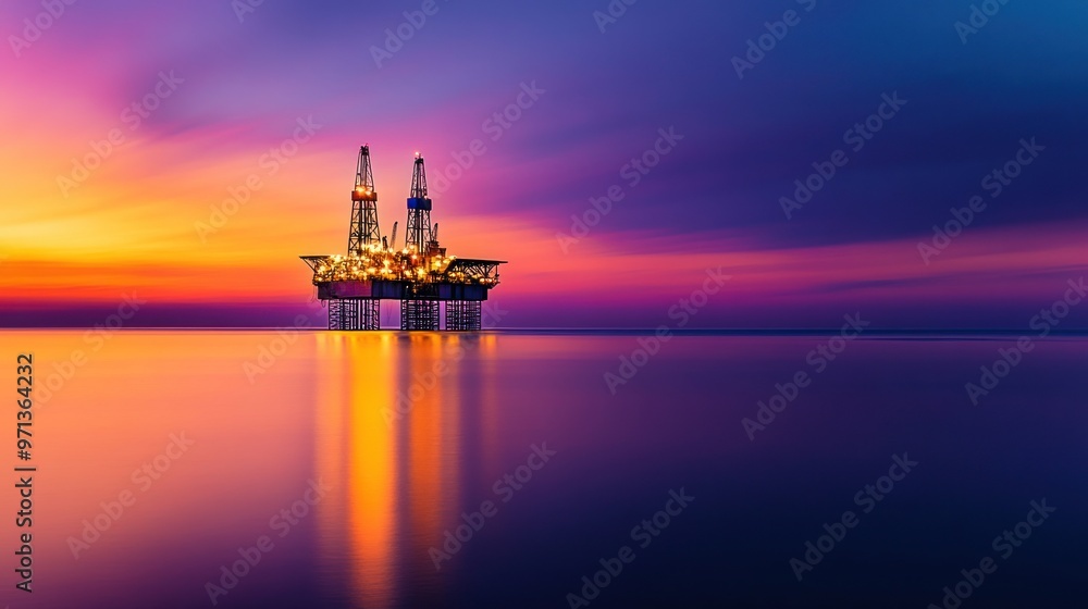 A sunset over the ocean with a large oil rig in the water A sunset over the ocean with a large oil rig in the water