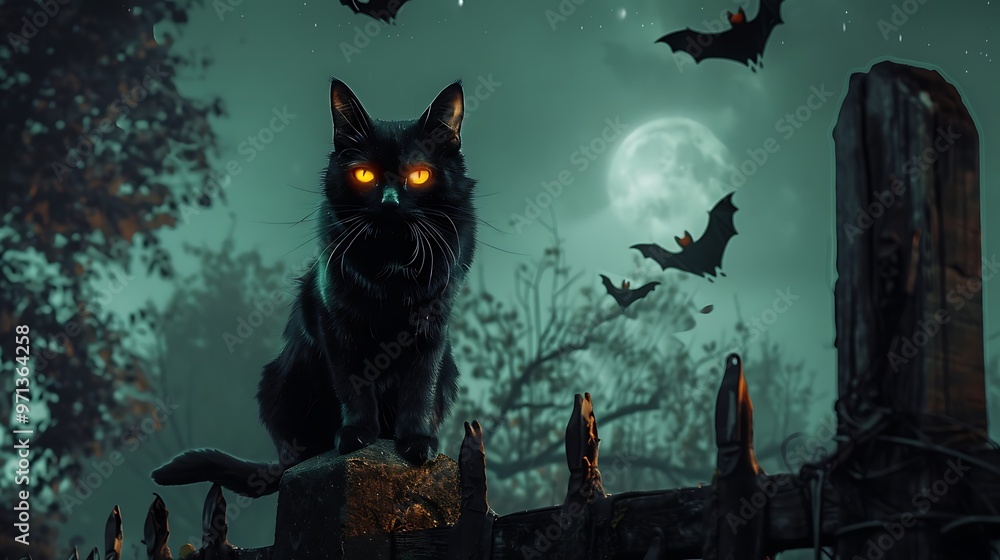Detailed black cat with glowing eyes, sitting on a fence under the moonlight, surrounded by bats, mysterious and eerie Detailed black cat with glowing eyes, sitting on a fence under the moonlight, surrounded by bats, mysterious and eerie