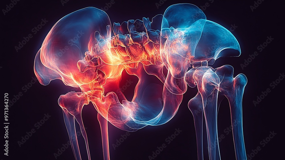 3. The pelvis bones in a bright white against a deep black background with vibrant neon outlines to highlight the complex structure and organic shapes of the skeletal form 3. The pelvis bones in a bright white against a deep black background with vibrant neon outlines to highlight the complex structure and organic shapes of the skeletal form