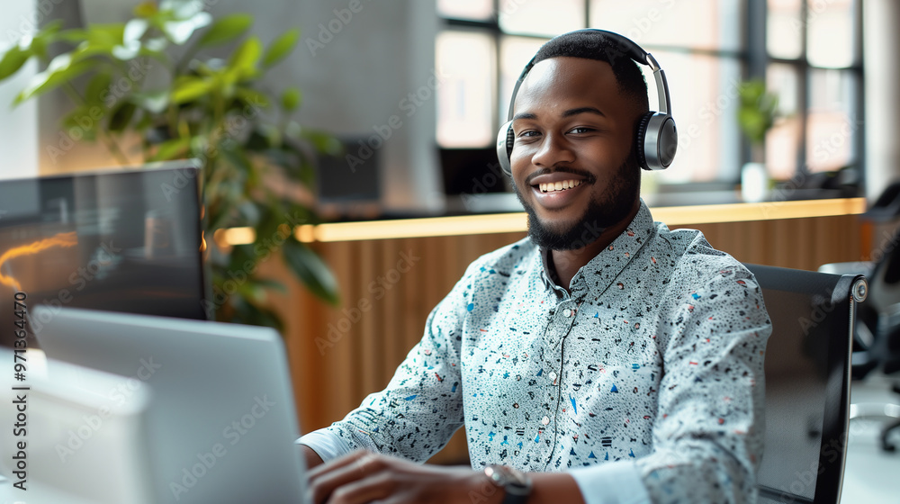 Naklejka premium portrait of a male tech support worker sitting in modern office working on laptop
