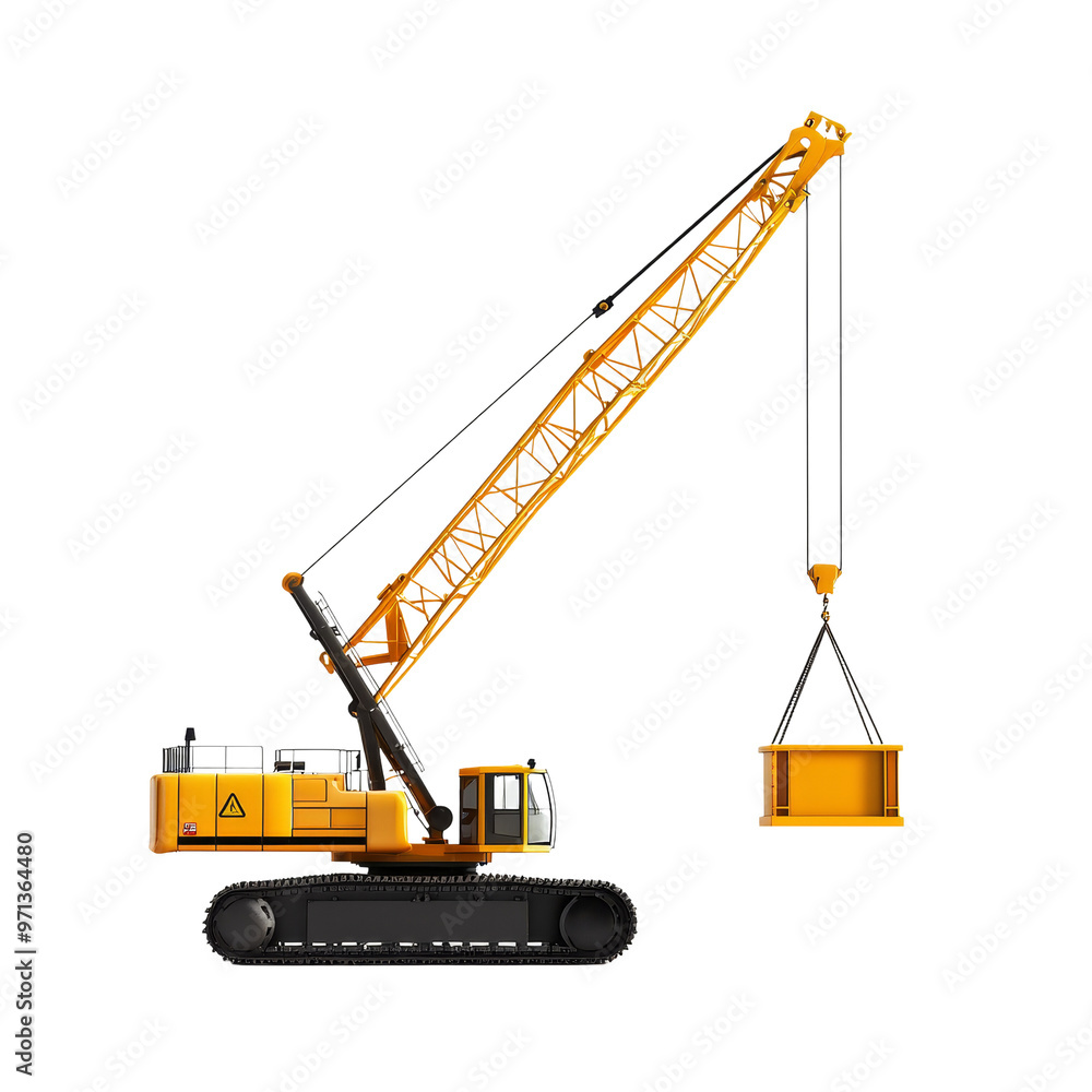 A yellow crane lifting a large, rectangular object. The crane is on tracks and has a long, extendable boom. A yellow crane lifting a large, rectangular object. The crane is on tracks and has a long, extendable boom.