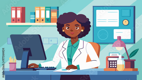 Woman doctor in hospital desk with computer vector. Clinic table for healthcare professional character. Diagnosis, checkup and treatment online appointment to consult with female african therapist