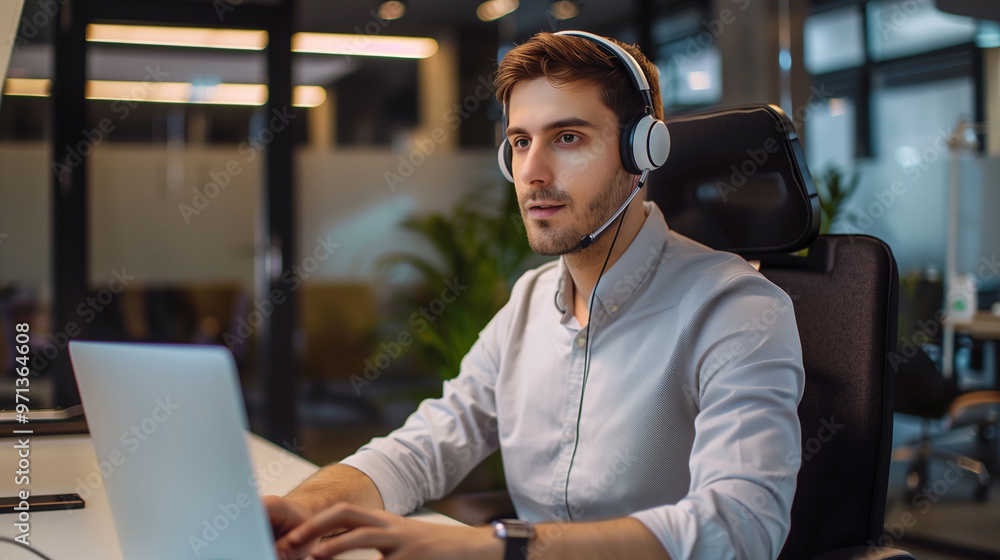portrait of a male tech support worker sitting in modern office working on laptop portrait of a male tech support worker sitting in modern office working on laptop