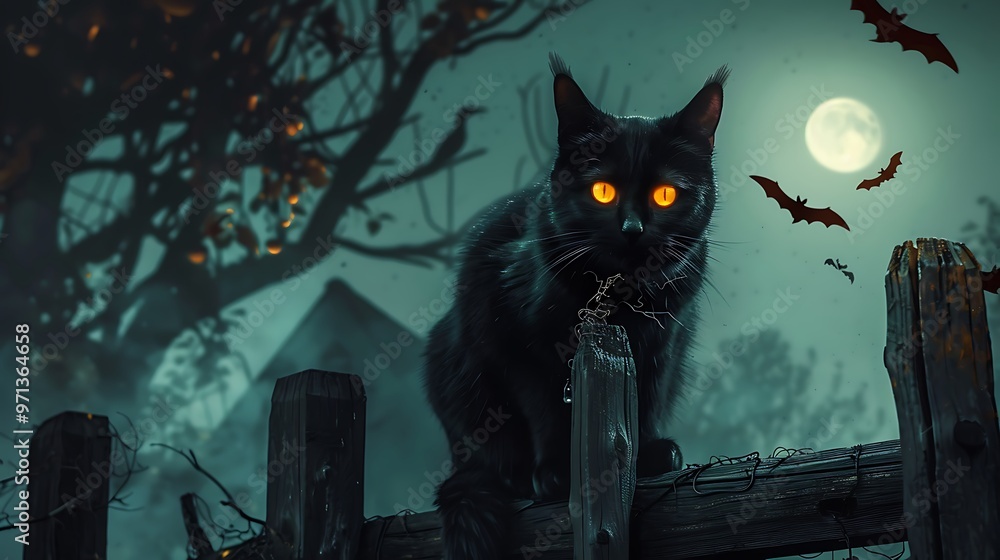 Detailed black cat with glowing eyes, sitting on a fence under the moonlight, surrounded by bats, mysterious and eerie Detailed black cat with glowing eyes, sitting on a fence under the moonlight, surrounded by bats, mysterious and eerie