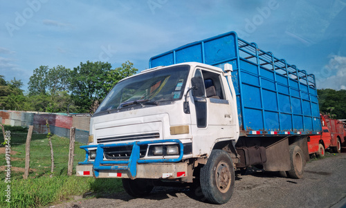 Animal transport truck parked in a junkyard