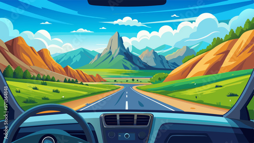 View from car through windshield on road going across meadow with green grass to high rocky mountains under blue sky with clouds. Summer landscape through automobile window with navigation panel.