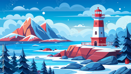 Winter landscape with lighthouse on cliff rocky shore of sea or ocean covered with snow. Cartoon vector illustration of northern scenery with red vintage beacon tower on snowy coastline with mountains