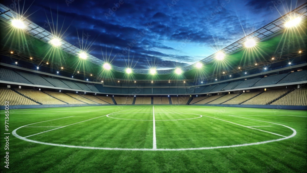 Fototapeta premium Corner view of a well-lit soccer stadium with manicured field lines