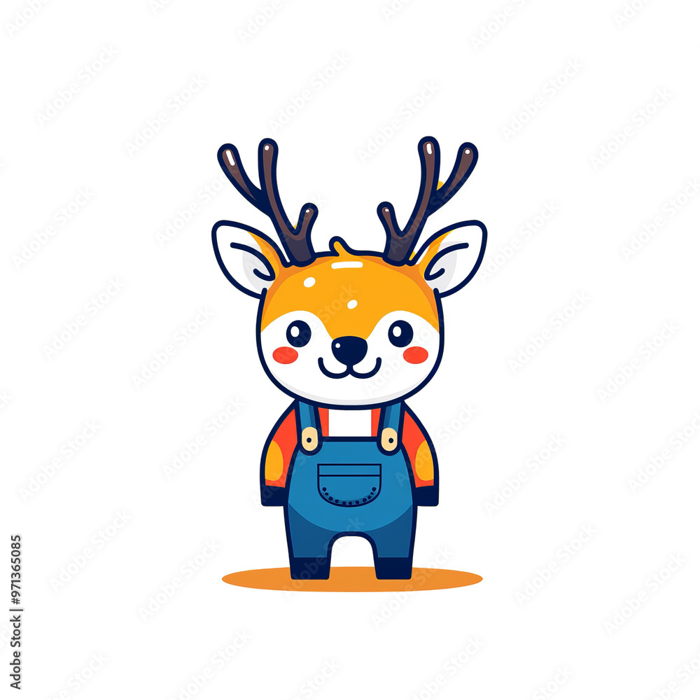 Naklejka premium Cute cartoon deer wearing overalls, standing on a yellow circle. Perfect for children's books, clothing, and more.