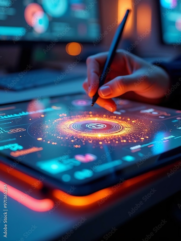 Obraz premium A close-up of a digital interface on a tablet screen with a stylus in hand. The screen displays intricate glowing orange and blue holographic elements, resembling a futuristic dashboard