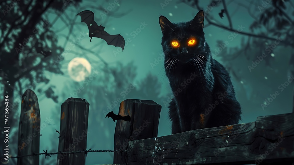 Detailed black cat with glowing eyes, sitting on a fence under the moonlight, surrounded by bats, mysterious and eerie Detailed black cat with glowing eyes, sitting on a fence under the moonlight, surrounded by bats, mysterious and eerie