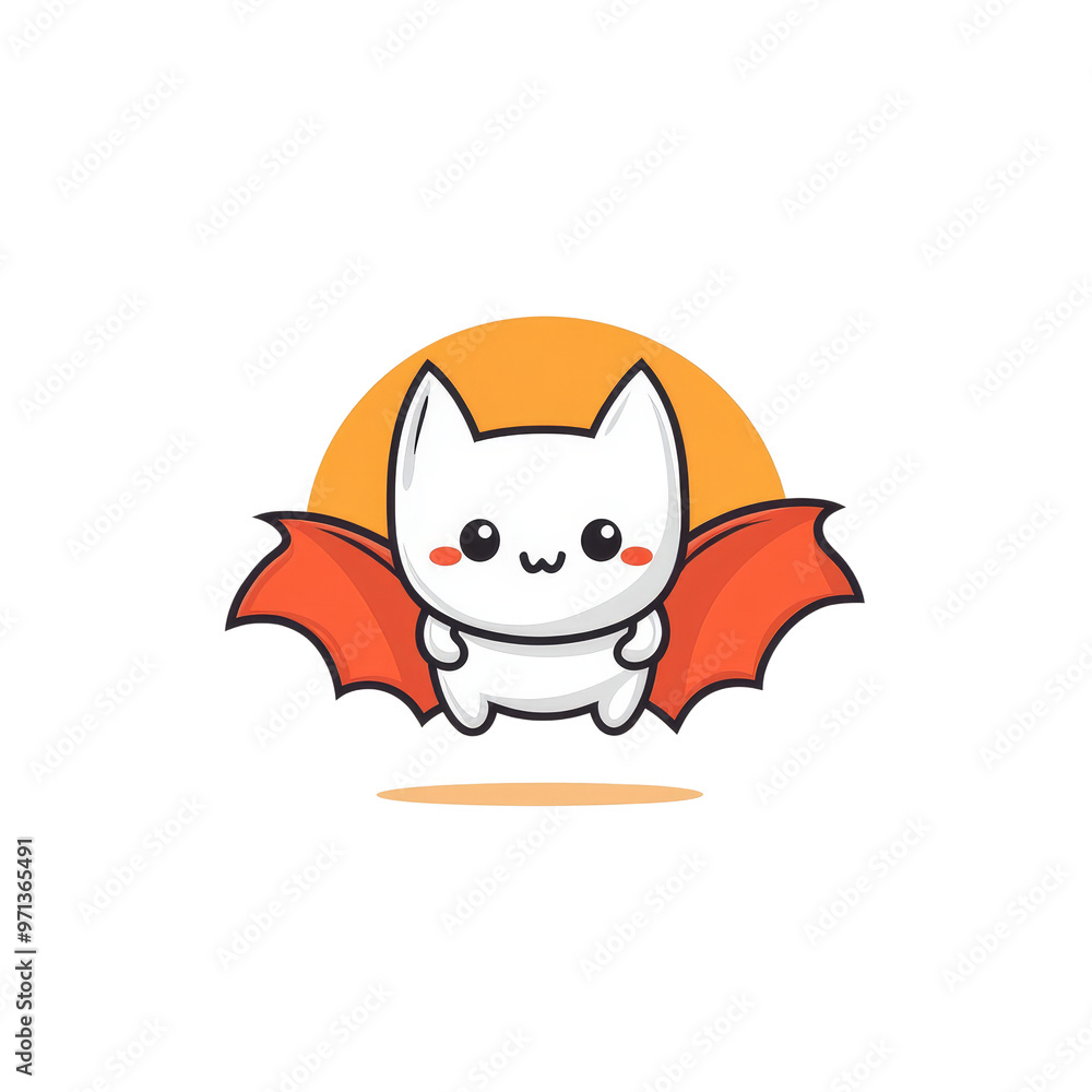 Cute white cat with red bat wings flying in front of a yellow moon. Perfect for Halloween designs. Cute white cat with red bat wings flying in front of a yellow moon. Perfect for Halloween designs.
