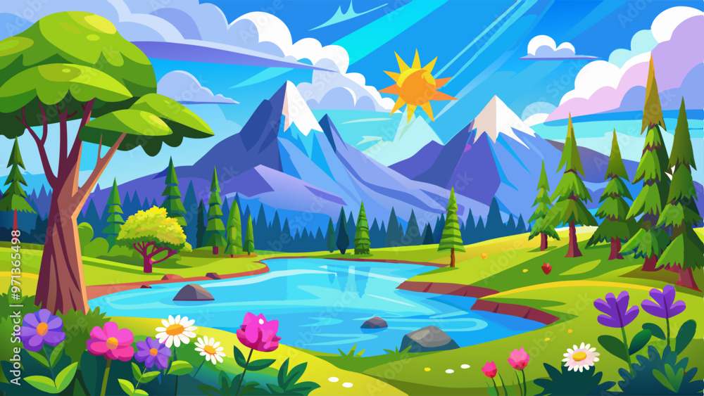 Beautiful spring forest with blue lake and mountain background. Vector cartoon illustration of sunlight sparkling on river water, flowers, trees and green grass on banks, fluffy clouds in sunny sky Beautiful spring forest with blue lake and mountain background. Vector cartoon illustration of sunlight sparkling on river water, flowers, trees and green grass on banks, fluffy clouds in sunny sky