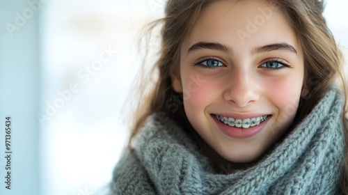 Confident smiling teenage girl with braces and winter scarf at a dental clinic appointment